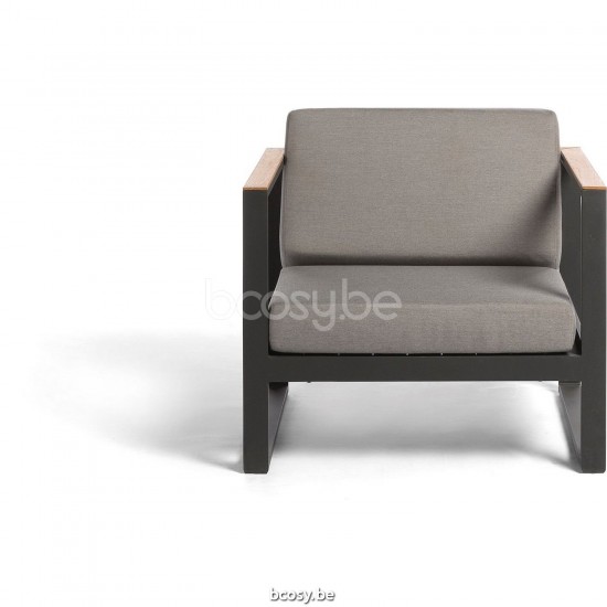 Diphano Landscape lounge stoel met teak armsteun Aluminium Lava Frame Stof All Weather Brown Mêlé Armleuningen in Naturel Tea.