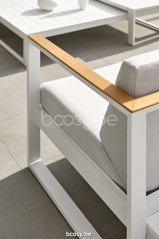 Diphano Landscape garden outdoor lounge sets with teak arms PCA White All Weather Shine Armrests in Natural Teak.