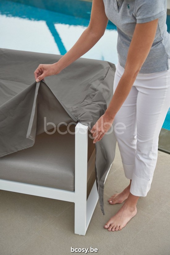 Diphano Landscape Modular 3-sitziger Gartensofa mit Teakholzarmlehne Aluminium Weiß Gestell Stoff All Weather Shine Armlehnen.