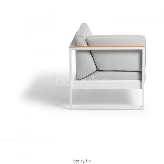 Diphano Landscape Modular right double seat with teak arms Aluminium White Frame All Weather Shine Fabric Armrests in Natural.