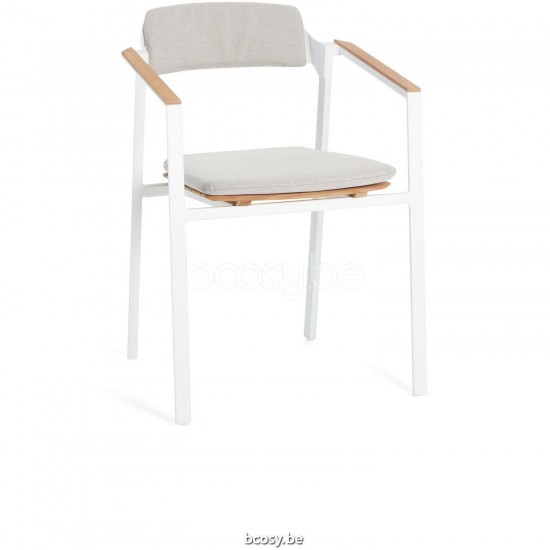 Diphano Icon Stapelbarer Gartenstuhl mit Teakholzarmlehne Aluminium Weiß Gestell Armlehnen in Natürliches Teakholz.