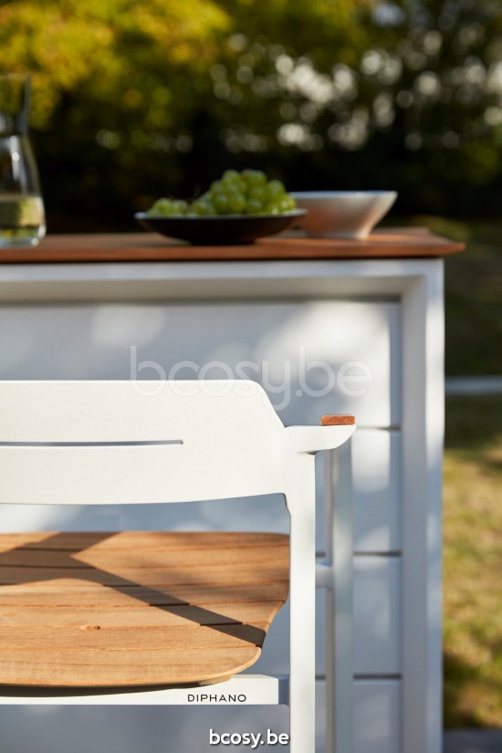 Diphano Icon garden outdoor counter chairs with teak arms 61h PCA White Armrests in Natural Teak.