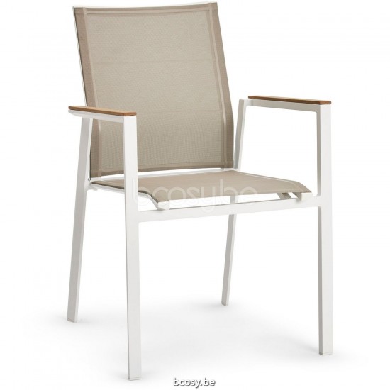 Diphano Selecta Chaise de jardin empilable avec accoudoir en teck Cadre Aluminium blanc Tissu Couche unique de Batyline coule.