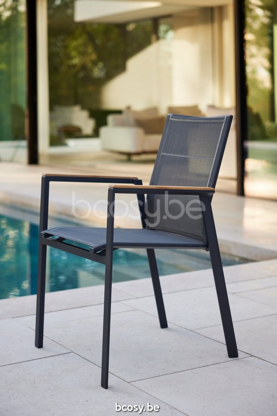 Diphano Selecta garden outdoor dining armchairs with teak arms PCA Lava single layer Batyline Cafe Armrests in Natural Teak.