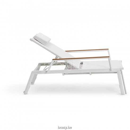 Diphano Selecta Lit de bain empilable avec roues avec accoudoir en teck Cadre Aluminium blanc Tissu Couche unique Batyline bl.