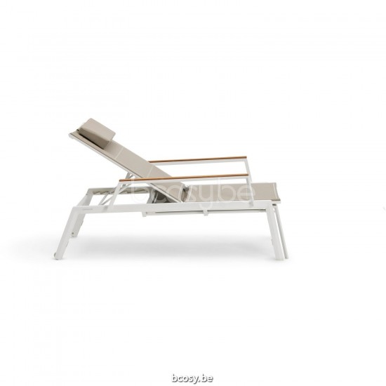 Diphano Selecta Lit de bain empilable avec roues avec accoudoir en teck Cadre Aluminium blanc Tissu Couche unique de Batyline.