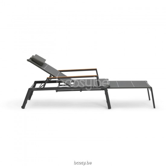 Diphano Selecta Stapelbarer Liegestuhl mit Rädern mit Teakholzarmlehne Aluminium Lava Gestell Stoff Einschichtige Batyline Ca.