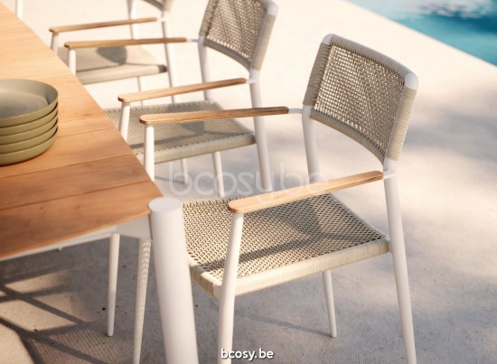 Diphano Ray garden outdoor dining armchairs with teak arms PCA White Rope Mineral 5mm.