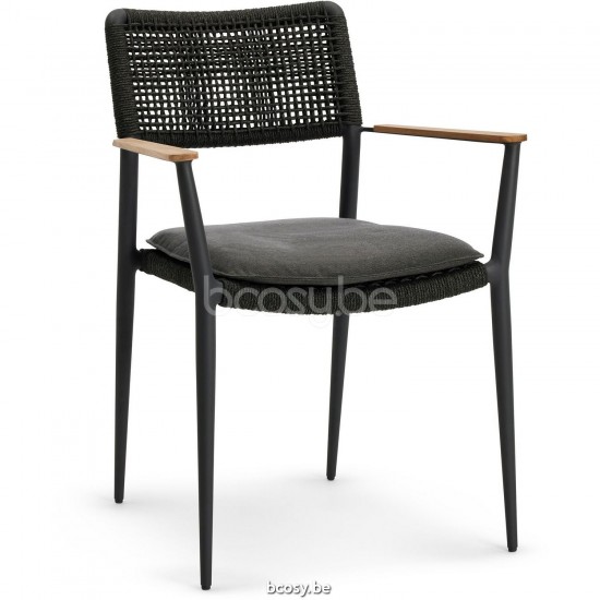 Diphano Ray Stapelbarer Gartenstuhl mit Teakholzarmlehne Aluminium Lava Gestell Seil Graphit 5mm.