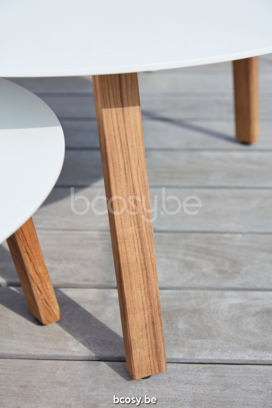 Diphano Easy-Fit bijzettafel elite S 80xR (36h) Naturel Teak Frame Tafelblad Aluminium Wit.