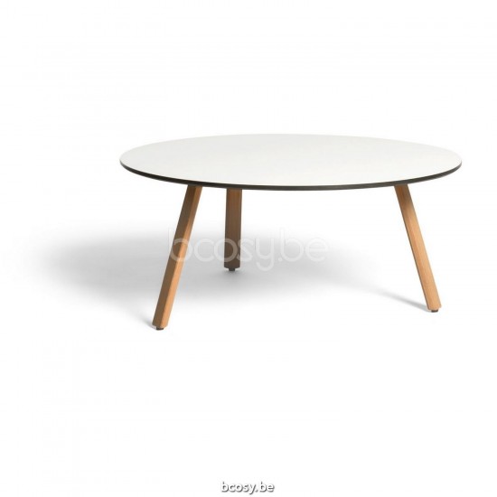 Diphano Easy-Fit bijzettafel elite S 80xR (36h) Naturel Teak Frame Tafelblad Trespa Wit 13 mm.