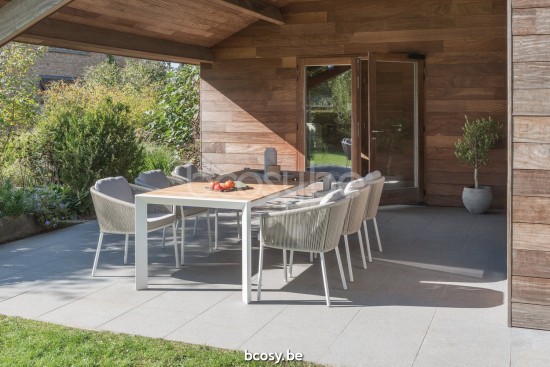 Diphano Alexa table de jardin extensible 220-280x96 Cadre Aluminium blanc Dessus Teck naturel.