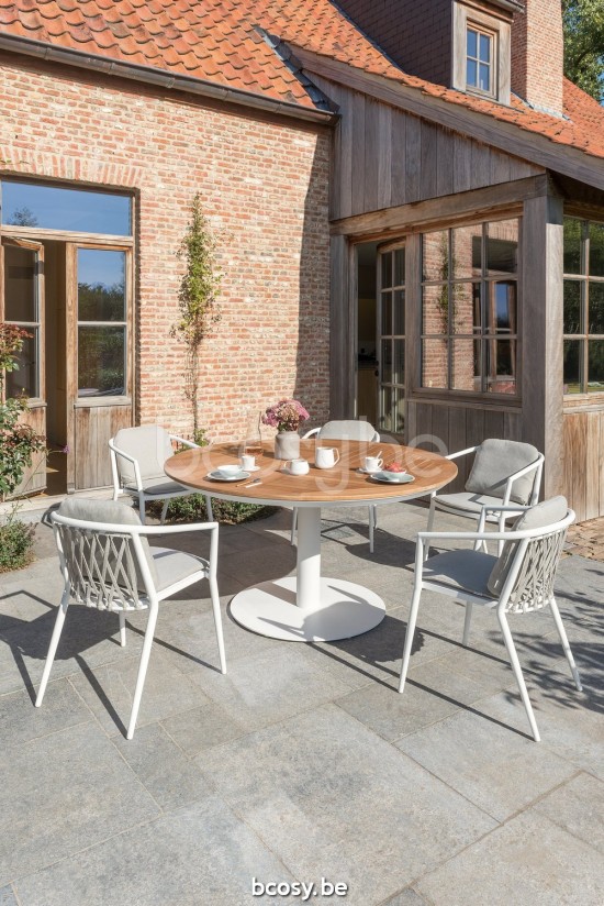 Diphano Alexa runder Gartentisch 148xR Aluminium Weiß Gestell Tischplatte Natürliches Teakholz.