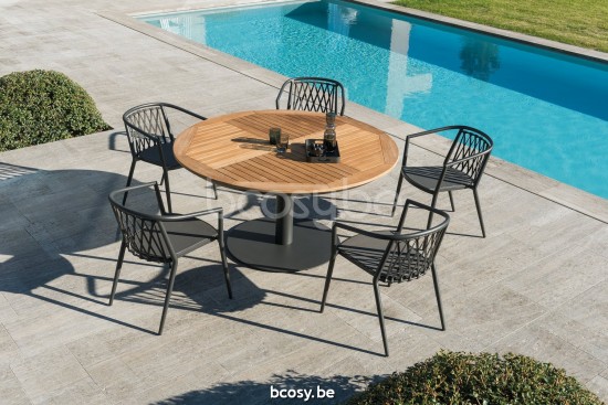 Diphano Alexa ronde tuintafel 148xR Aluminium Lava Frame Tafelblad Naturel Teak.