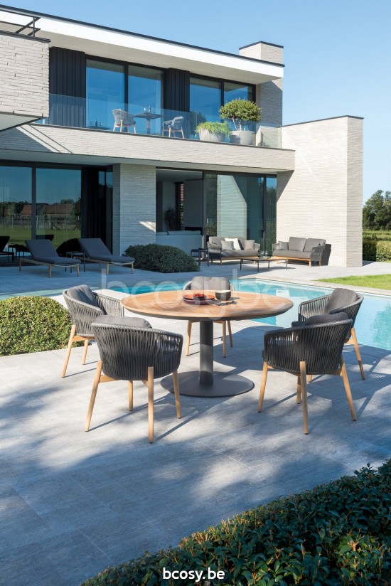 Diphano Alexa round dining table 148xR Aluminium Lava Frame Top Natural Teak.