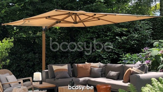 Jardinico JCP301 300x300 Vierkante Vrijhangende Parasol 3x3 Mast Teak Aluminium Met Structuur Doek Cotton Sunbrella Plus Marine UFJCP.301 CARACTERE.
