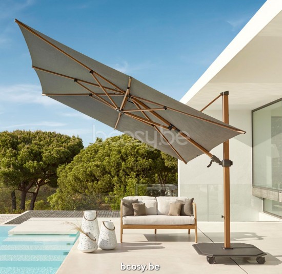 Jardinico JCP301 300x300 Vierkante Vrijhangende Parasol 3x3 Mast Teak Aluminium Met Structuur Doek Umber Sunbrella Plus Marine UFJCP.301 CARACTERE.