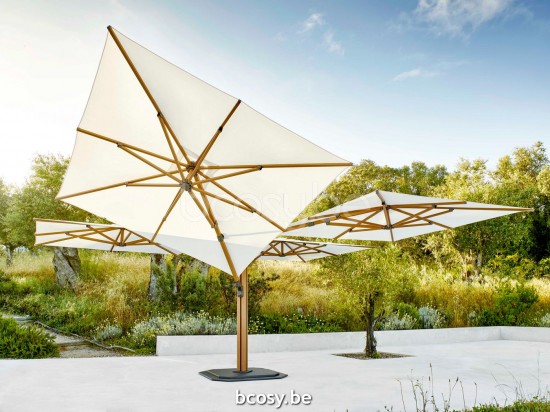 Jardinico JCP501 4x300x300 Vierfacher Quadratischer Quad Zentralmastsonnenschirm Strukturiertes Teakholz Aluminium Mast Stoff Pearl Sunbrella Plus Marine.