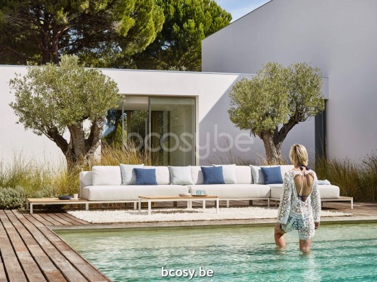 Jardinico MAUROO Chaise Longue Avec Table En Teck Blanc Et Teck Vanilla.