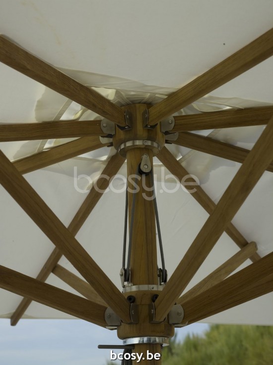 Jardinico MOOREA 300x300 Parasol Ombrelle Droit À Mât Central Carré 3x3 Mât Bois De Teck Rayé| Toile-tissu Natural Classic-Acryl solids.