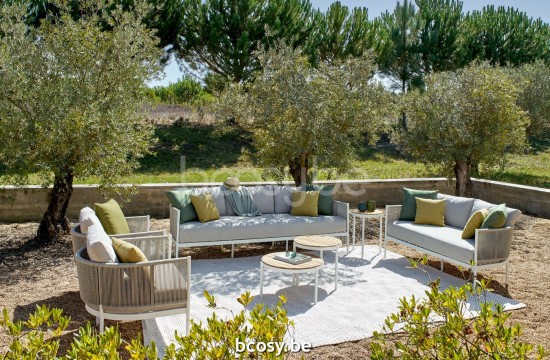  Jardinico VOLTE Runder Garten-beistelltisch Verschachtelt Ø40 Weiß Matt Pulverbeschichtetes Aluminium Teak.