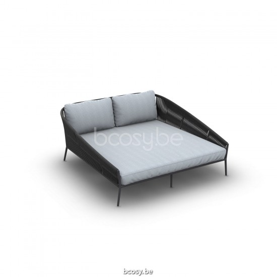Jati Kebon Fortuna Rope Tweepersoons tuinbed Sunbrella natte grey chine nat 10022 quick dry foam Antraciet mat aluminium Koor.