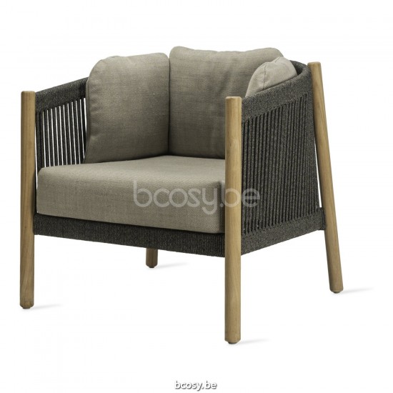 Vincent Sheppard Lento Lounge Stoel Onbehandeld Teak Houten frame Antraciet-Steenkool Touw Polypropyleen.