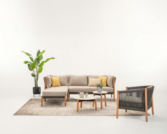 Vincent Sheppard Lento Modulaire Lounge hoekelementen Onbehandeld Teak Houten frame Antraciet-Steenkool Touw Polypropyleen.