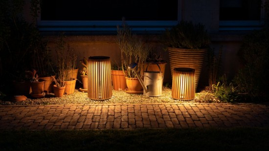 Vincent Sheppard Maya outdoor lanterns Black Aluminium frame Untreated Teak.