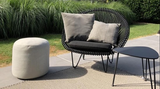 Vincent Sheppard Rozy garden outdoor coffee side tables Black Steel frame Plectrum shape.