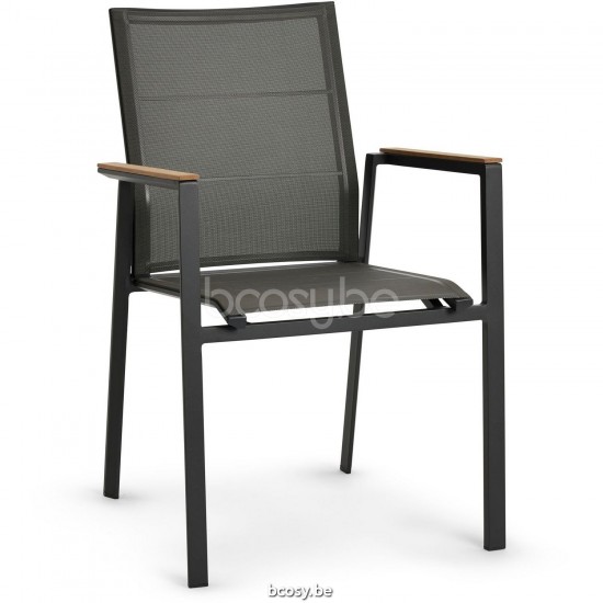 Diphano Selecta Stackable dining armchair with teak arms Aluminium Lava Frame single layer Batyline Cafe Fabric Armrests in N.