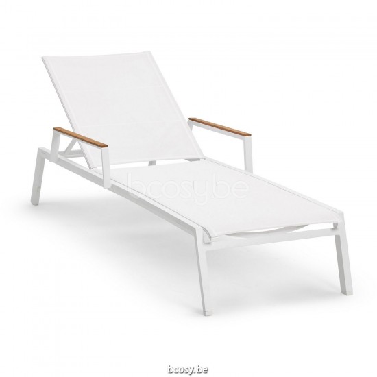 Diphano Selecta Stackable Sunlounger with wheels with teak arms Aluminium White Frame single layer Batyline White Fabric Armr.