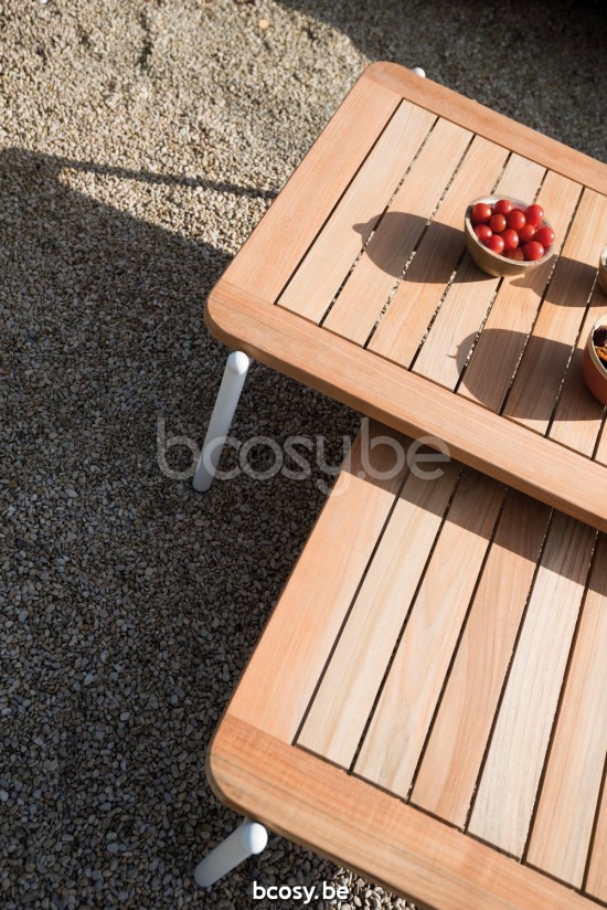 Diphano Omer Couchtisch S (120x75) Aluminium Weiß Gestell Tischplatte Natürliches Teakholz.