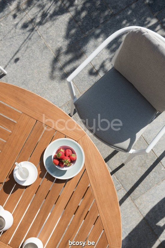 Diphano Alexa runder Gartentisch 148xR Aluminium Weiß Gestell Tischplatte Natürliches Teakholz.