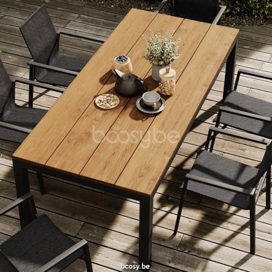 Jati Kebon Danli Table de jardin Aluminium noir mat Dessus de table Teck.