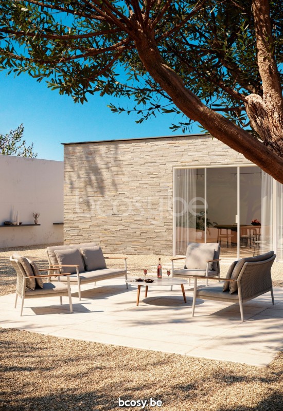 Diphano Ray tuinsalontafels bijzettafels koffietafels voor buiten terras S 100xR (33,5h) Naturel Teak.