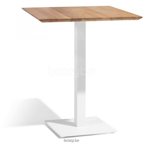 Diphano Alexa hoher Bistrotisch H (75x70) Aluminium Weiß Gestell Tischplatte Natürliches Teakholz.