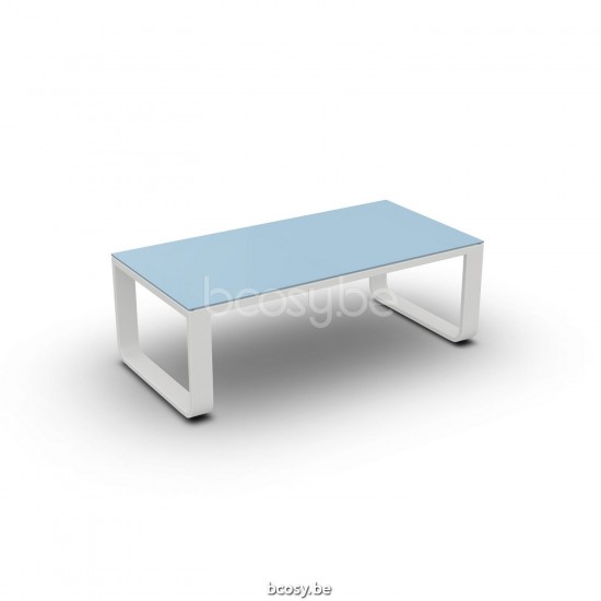 Jati Kebon Reno Garten Couchtisch Weißes mattes Aluminium Tischplatte Glas Helles grau.