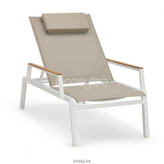 Diphano Selecta Chaise de plage empilable avec roues avec accoudoir en teck Cadre Aluminium blanc Tissu Couche unique de Baty.