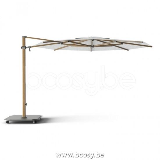 Jardinico JCP303 Ø350 Ronde Vrijhangende Parasol Ø3,5 Mast Teak Aluminium Met Structuur Doek Ice Sunbrella Plus Marine UFJCP.303 CARACTERE.