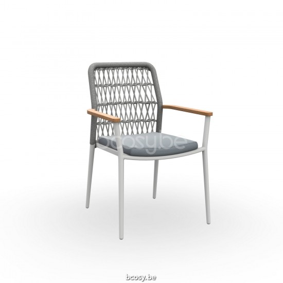 Jati Kebon Loya Stackable Arm Chair Alu White Mat Rope Light Grey Melange Cross Line Weaving Teak Armrest Seat Cushion Sunbre.