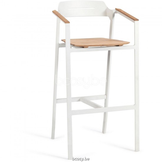 Diphano Icon Stackable barstool with teak arms 77h Aluminium White Frame Armrests in Natural Teak.