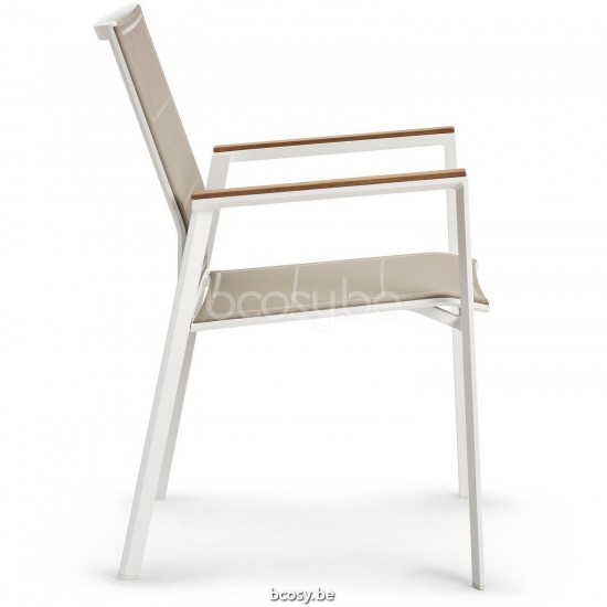 Diphano Selecta Stapelbare tuinstoel met teak armsteun Aluminium Wit Frame Stof enkele laag Batyline Zandkleur Armleuningen i.