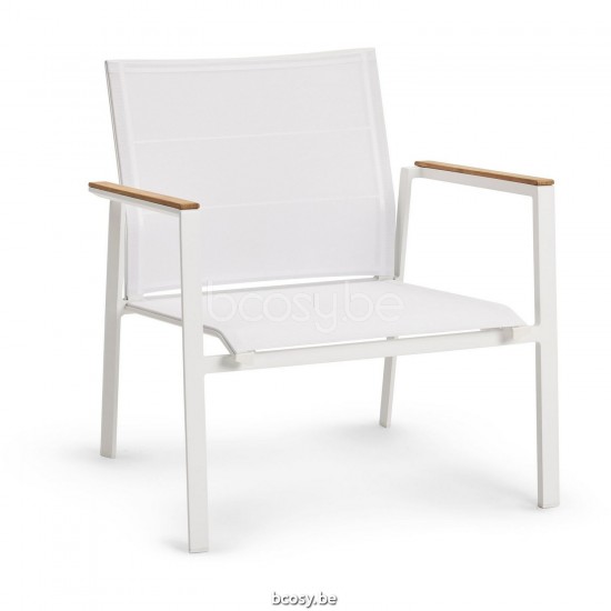 Diphano Selecta Stackable lounge chair with teak arms Aluminium White Frame single layer Batyline White Fabric Armrests in Na.