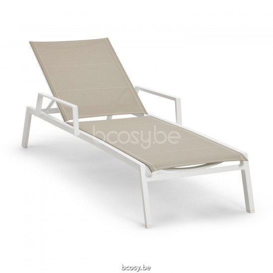 Diphano Selecta Stackable Sunlounger with wheels with arms Aluminium White Frame single layer Batyline Sand Fabric.