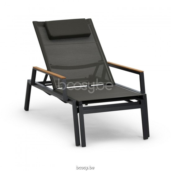 Diphano Selecta Stackable deck chair with wheels with teak arms Aluminium Lava Frame single layer Batyline Cafe Fabric Armres.