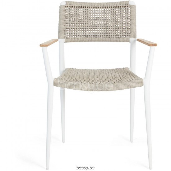 Diphano Ray Stapelbare tuinstoel met teak armsteun Aluminium Wit Frame touw Mineraal 5mm.