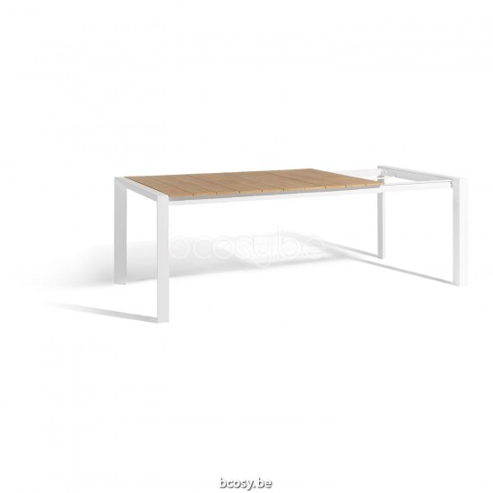 Diphano Alexa uitschuifbare tuintafel 160-220x96 Aluminium Wit Frame Tafelblad Naturel Teak.