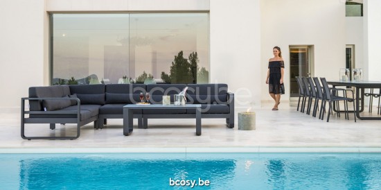 Jati Kebon Reno Tuinsalontafel Antraciet mat aluminium Tafelblad Glas Lichtgrijs.