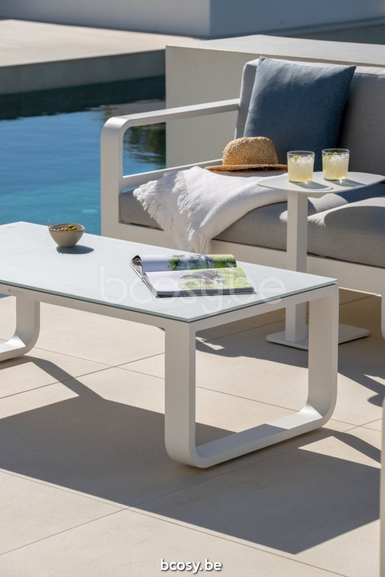 Jati Kebon Reno Tuinsalontafel Wit mat aluminium Tafelblad Glas Lichtgrijs.